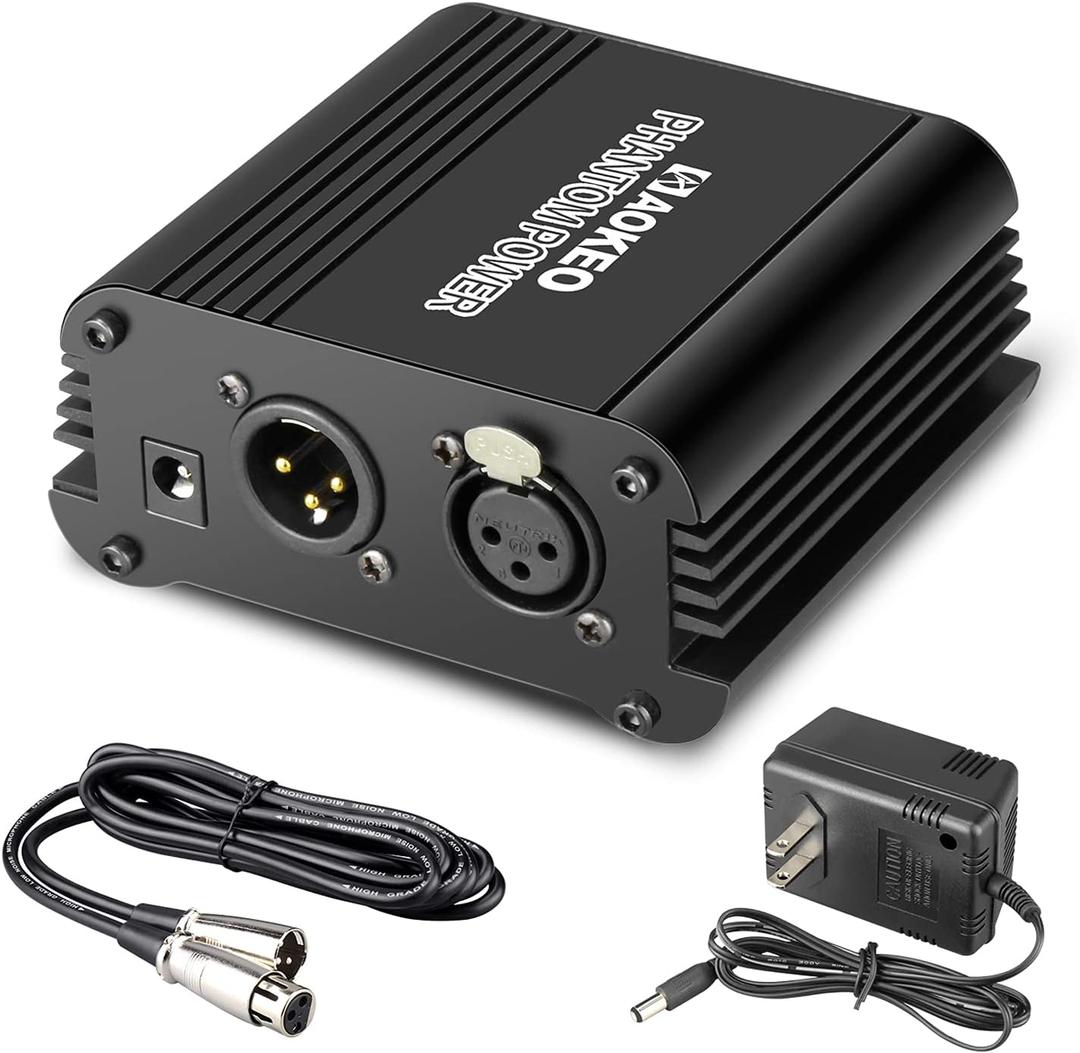 Aokeo 1-Channel 48V Phantom Power Supply with Adapter, Bonus+XLR 3 Pin Microphone Cable for Any Condenser Microphone Music Recording Equipment