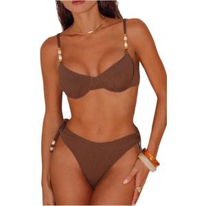 SHENHE Women's Underwire Swimsuits 2 Piece Swimsuits Side Tie Beaded Padded Bathing Suits (Brown, XL)