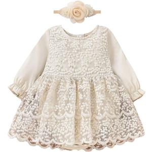 Newborn Baby Girl Floral Lace Romper Dress Headband Toddler First Birthday Baptism Outfits Princess Jumpsuit Bodysuit (18-24 Months)