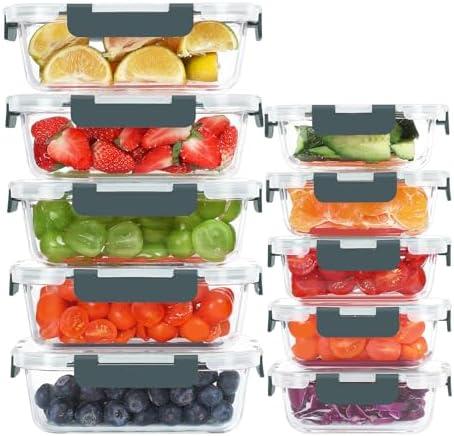 KOMUEE 10 Pack Glass Food Storage Containers, Meal Prep Containers with Lids, Airtight Glass Lunch Boxes, Freezer, Oven, and Microwave Safe