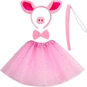 Jmkcoz Kids Animal Fancy Pig Costume Set Pink Pig Ears Headband Nose Tail Bow Tie Tutu Skirt for Christmas Halloween Dress Up Cosplay Party