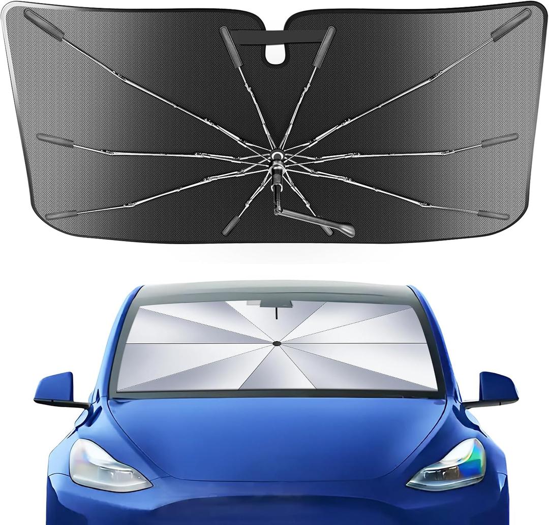 Portable Windshield Sunshade Umbrella for 2020-2025 2026 Tesla Model Y/3 (Fit Model Y Juniper/Model 3 Highland), Ice Crystal Durable Compact Shade Umbrella UPF50+ Front Window Outdoor Camping
