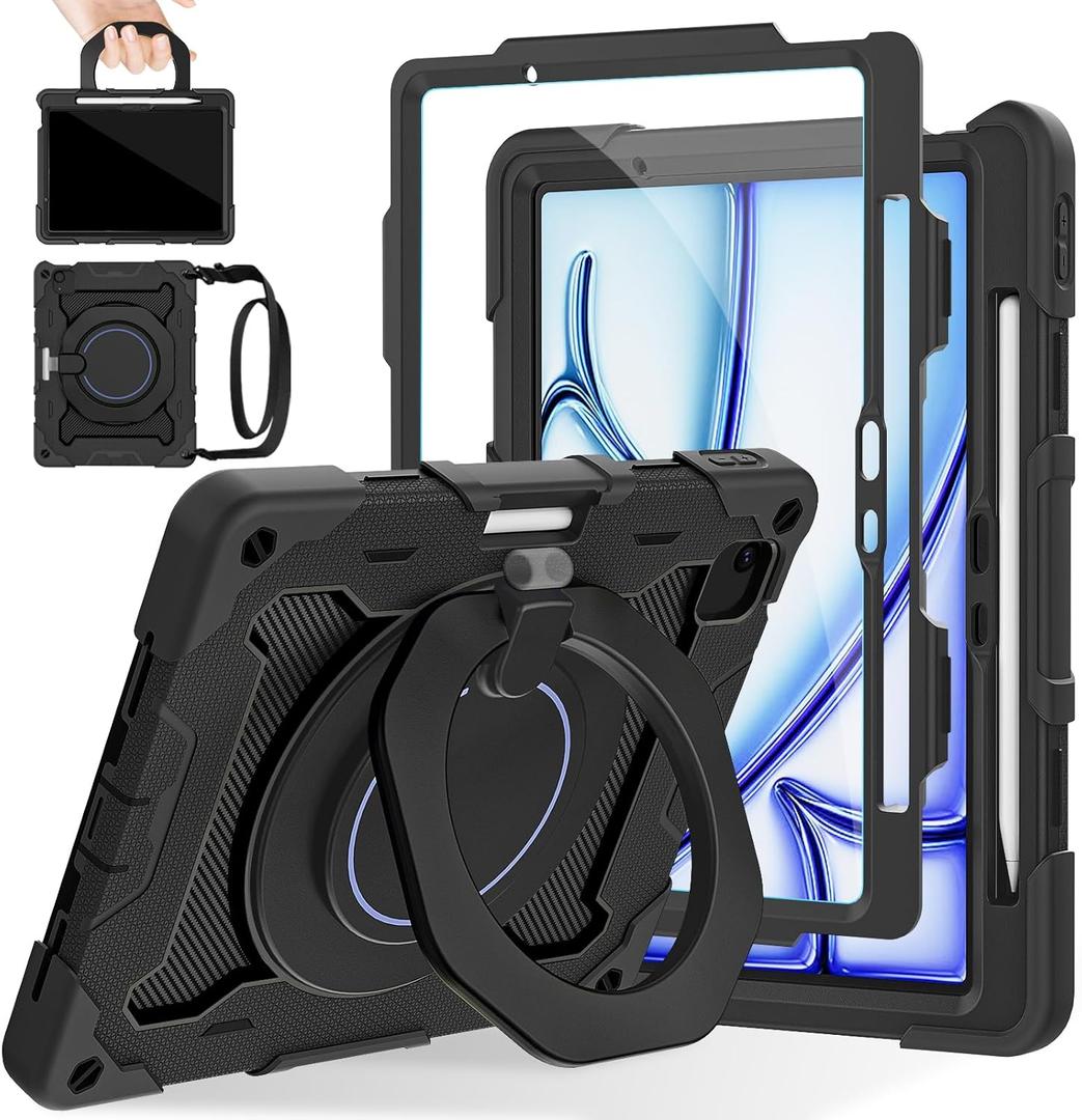 ROISKIN for iPad Air 11 inch Case M3 2025/M2 2024(Air 7th/6th Generation)-with HD Screen Protector, 360 Rotating Kickstand/Handle, Shoulder Strap, Pen Holder, Heavy Duty Military Grade - Kids Friendly (Black)