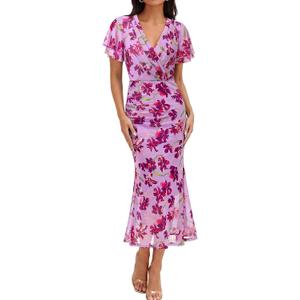 Gaharu Women's Summer Floral Bodycon Wedding Guest Cocktail Maxi Dress (L)