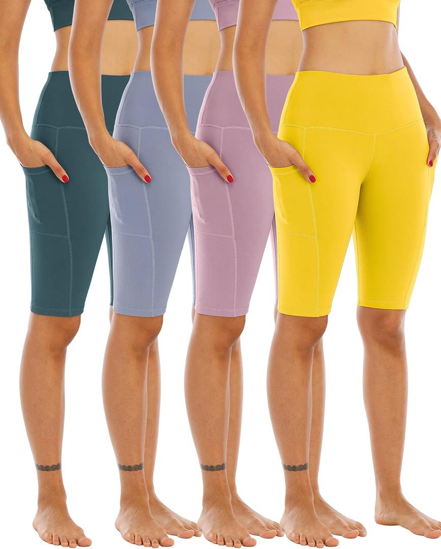WHOUARE 4 Pack Biker Yoga Shorts with Pockets for Women,High Waisted Athletic Running Workout Gym Shorts Tummy Control, Small