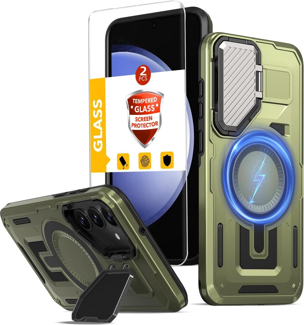 for Samsung Galaxy S23 FE Case Magnetic[Compatible with MagSafe Support Wireless Charger]Built-in Camera Cover Stand+with 2 Tempered Glass Screen Protector,360Full-Body Phone Protection Green