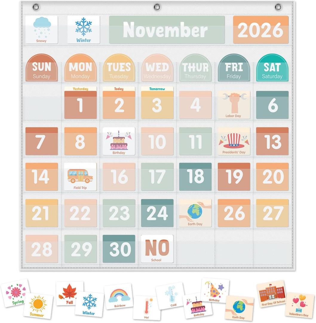 Large Calendar Pocket Chart, Calendar Learning Classroom Calendar Pocket Chart with 115 Cards for Classroom Calendar and Weather Pocket Chart for Home Kindergarten Learning(White)