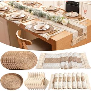 8 Sets Boho Decoration Placemats Round Woven Placemats, Cloth Napkins, Wood Bead Napkin Rings, Long Table Runner and Farmhouse Burlap Cotton for Table Kitchen (Khaki,12x108)