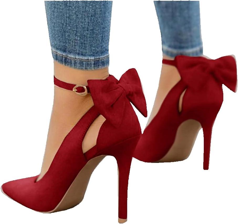 Fashare Womens High Heels Bow Tie Back Sexy Stiletto Ankle Strap Wedding Dress Pumps Shoes (7.5)