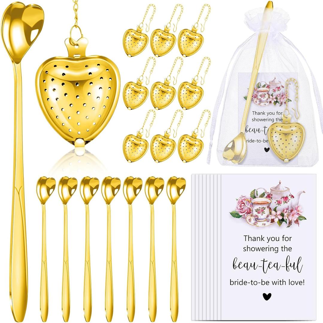 Qinyoung 50 Sets Bridal Shower Tea Party Favors for Guests Party Heart Infuser Spoon Steeper for Loose Tea with Thank You Cards Organza Bags Wedding Souvenir (Gold)