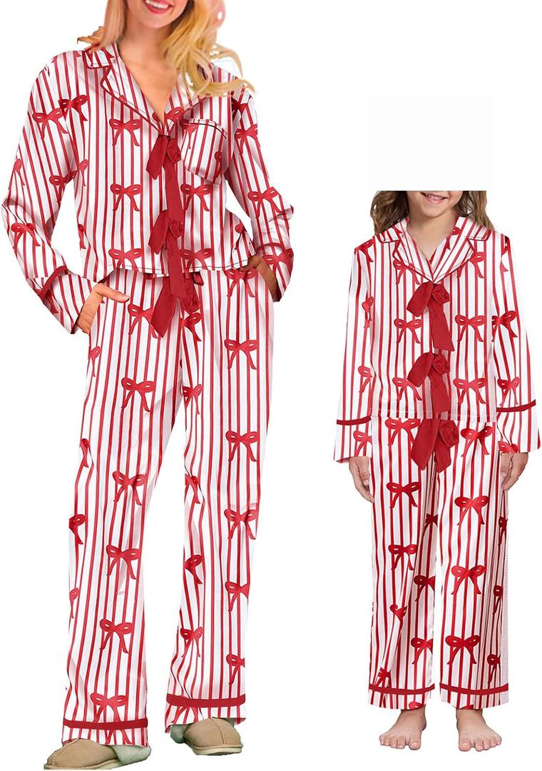 Argeousgor Mommy and Me Christmas Pajamas Set Silk Satin Pjs Matching Sets Mother and Daughter Xmas 2PC Jammies Sleepwear, Size Medium 