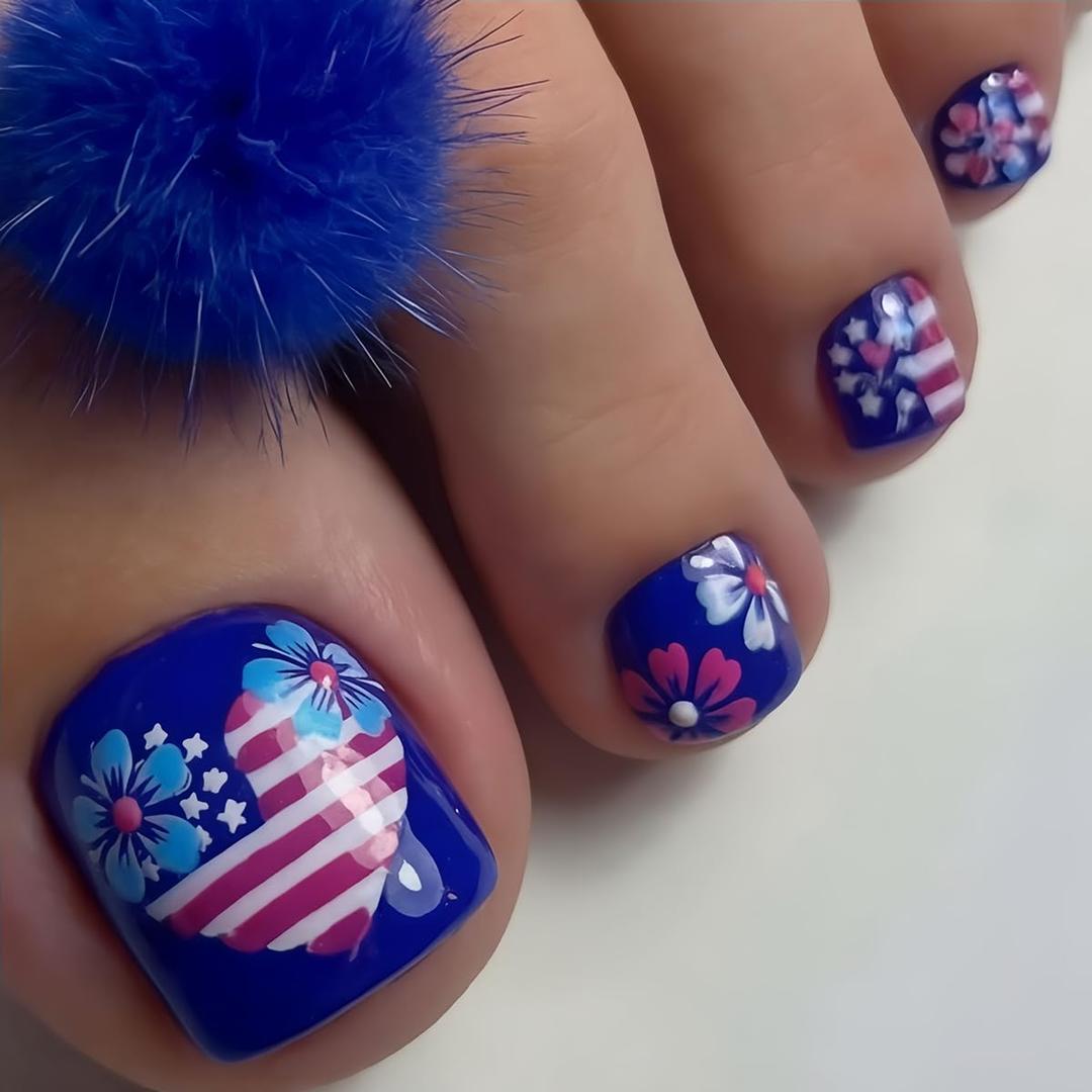 4th of July Press on Toenails Short Square WLGDLH Blue Toenail Press ons Glossy Fake Toe Nails Heart Flower Stripes False Toenails Full Cover Acrylic Glue on Toenail for Women 24Pcs