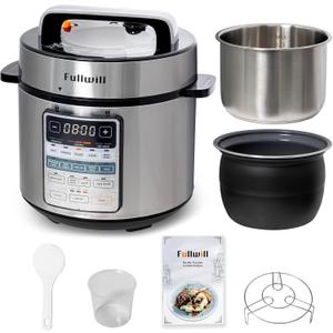 Fullwill Electric Pressure Cooker 6QT Dual Pots, 12 in 1 MultiFunction Cooker with 304 Stainless Steel & Ceramic Pots, Pressure Cook, Soup, Porridge, Yogurt, Meat Stew, Rice, Poultry, Beans and More (silver)
