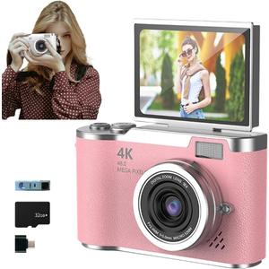 4K Foldable Screen Student Camera, 2025 New Point and Shoot Digital Cameras, FHD 4K Digital Camera for Photography with Flip Screen, 8X Zoom 48MP Digital Camera for Teens Adult (Pink, 32GB TF Card)