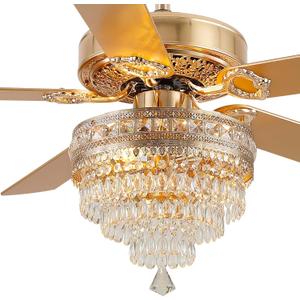 Crystal Ceiling Fan Fandelier with Lights - 52" Modern Outdoor Fans with Remote ControlNoiseless AC Motor, Retro/Farmhouse Lighting, Dining Room,Living Room (Gold