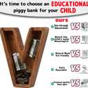 Piggy Bank for Kids Boys Girls, Wooden Large Letter Piggy Bank Alphabet Money Bank with Initial V, Coin Bank Fun Gifts for Birthday, Christmas, Festival, Baby Shower