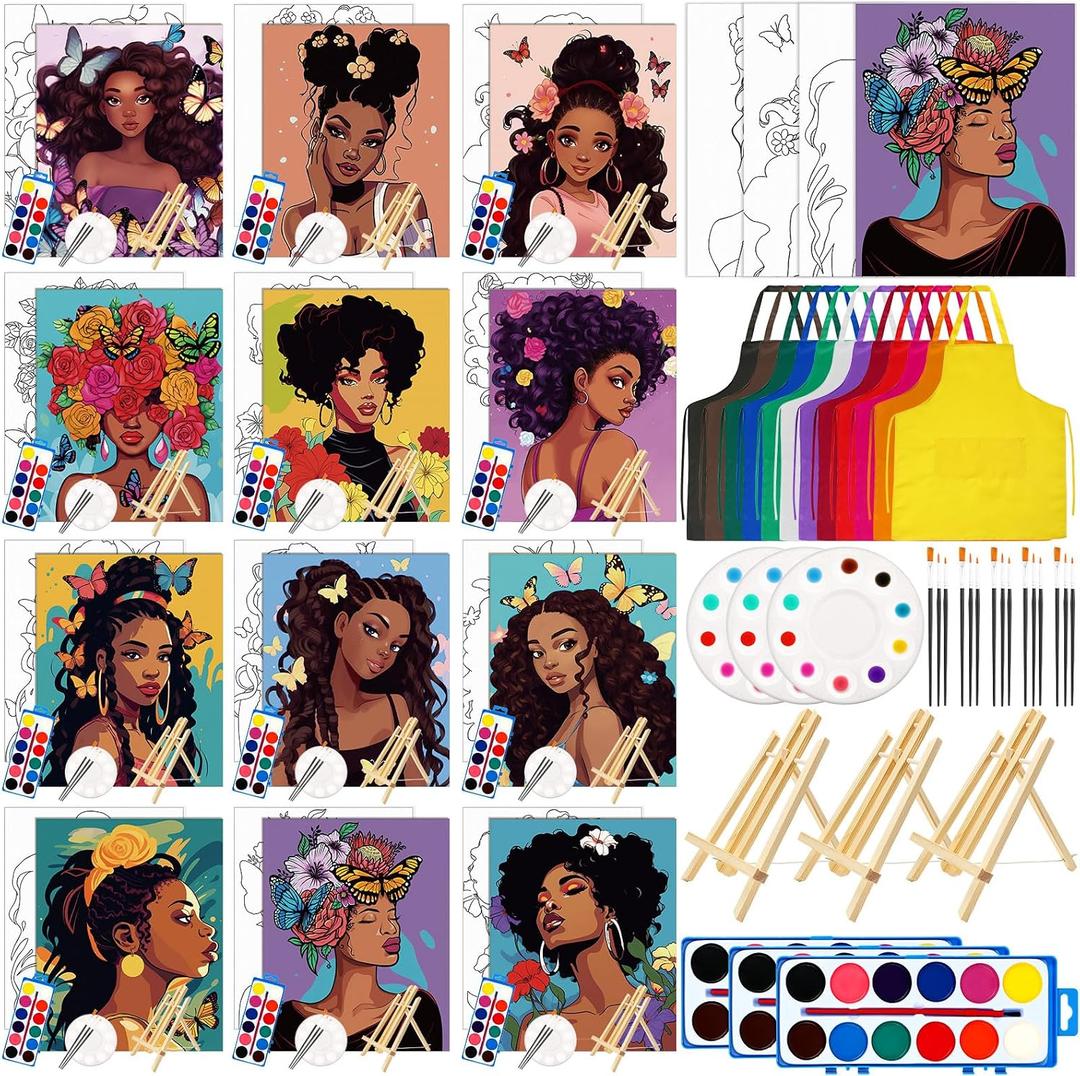 Cholemy 12 Sets Pre Drawn Canvas Kits - Painting Set 8'' x 10'' Afro Sip Pre-Stretched Canvas, Wood Easel, Watercolor Paint, Apron & Brush for Party Favors DIY Gift(Flower Girl)