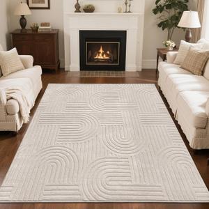SHACOS Soft Cozy Fluffy Arch Pattern High-Low Pile Textured Area Rug 5'3"x7'3" Non Slip Washable Modern Geometric Rug Stain Resistant Contemporary Carpet for Living Room Bedroom Dining Room, Beige