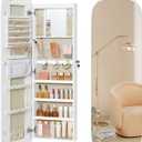 SONGMICS Jewelry Organizer, LED Jewelry Cabinet Wall/Door Mounted, Lockable Rounded Wide Mirror with Storage, Interior Mirror, Gift for Mom, 3.9 x 16.5 x 55 Inches, White Surface with Greige Lining