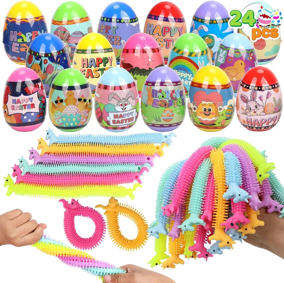 VOMAOK 24Pack Easter Eggs with Stretchy Strings Toy Inside,Prefilled Easter Eggs for Boys Girls Kids, Easter Basket Stuffers,Party Favors,Egg Hunts