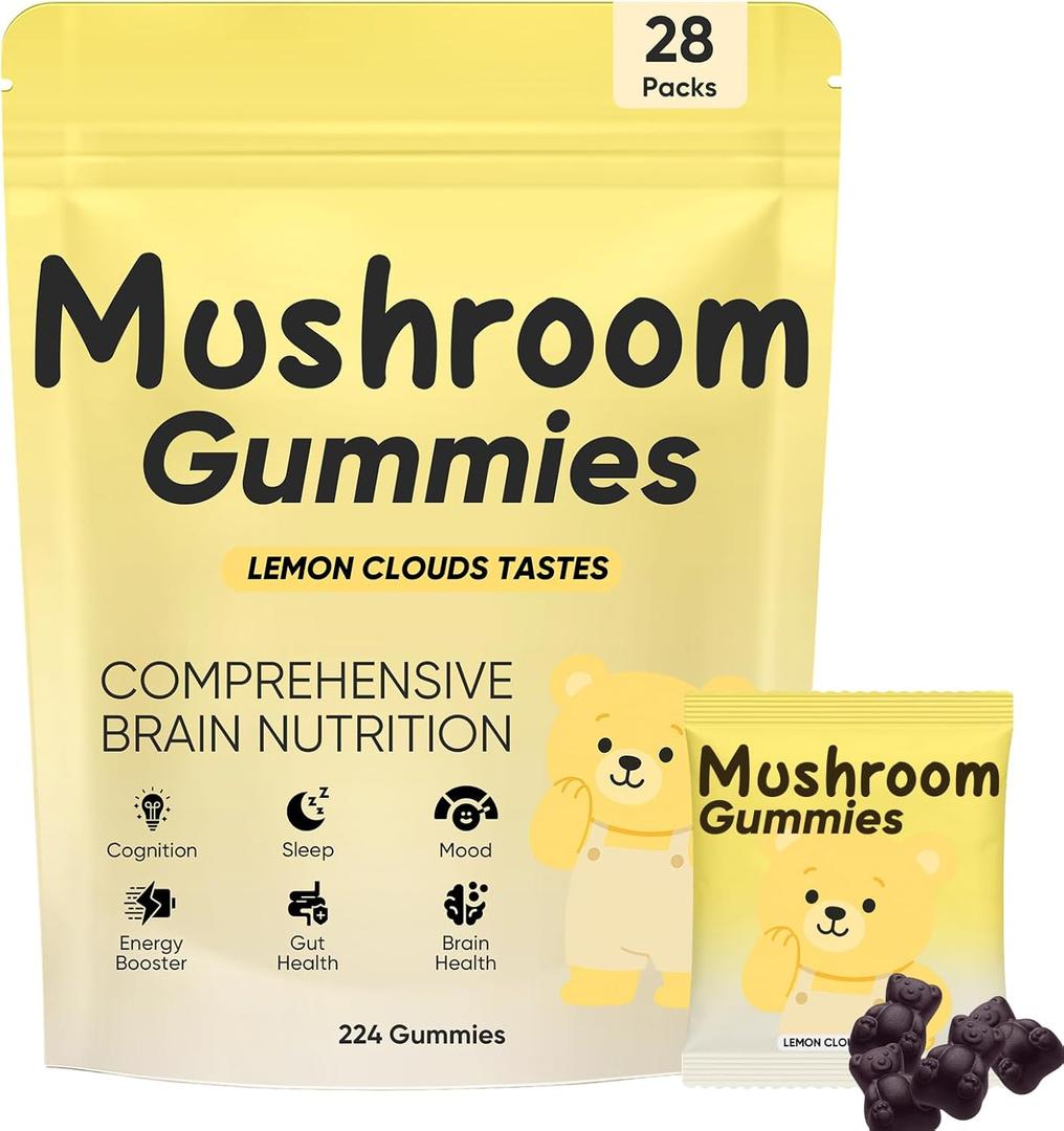 Lions Mane Mushroom Gummies for Adults, Functional Gummies with Reishi, Chaga, Cordyceps, Coriolus | for Energy, Brain Health, Cognitive, Memory & Focus, 28Packs, Individual Packets (EXP: 10/31/27)