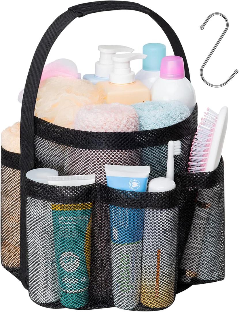 F-color Mesh Shower Caddy Portable, Large Capacity Shower Bag Basket Tote for College Dorm Room Toiletry Gym Rv Essentials, Bathroom Caddy Bag with S Hook, Black (1 Pack Black)