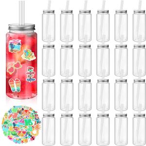 24 Pcs 14oz Plastic Mason Jar Bottles with Straws Lids Clear Cute Reusable Drinking Cups and 86pcs Summer Stickers for Water, Tea, Juice, Beer, Summer Hawaiian Beach Party Supplies