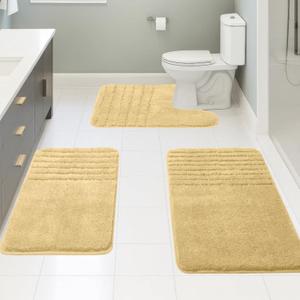 Bath Rugs Set 3 Pieces Bathroom Mat Soft Absorbent Plush Shaggy Soft Floor Non Slip Shower Bath Tub Machine Washable (Honey Gold-Strip, 20"x32"/20"x20"/17"x24")