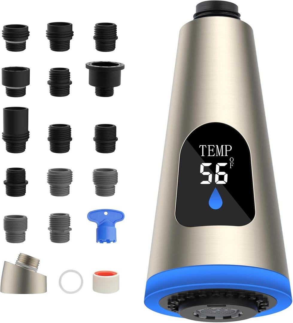 Hygie Rinse Faucet Head Replacement 4 Function LED Temperature Display Pull Down Kitchen Faucet Head with 15 Adapters, Brushed Nickel