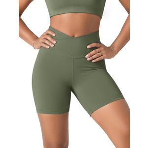 ODODOS Cloud Feeling Crossover Biker Shorts with Back Pocket for Women, 6" Inseam V High Wasit Lounge Yoga Shorts, Dark Olive, Medium (Green, M)