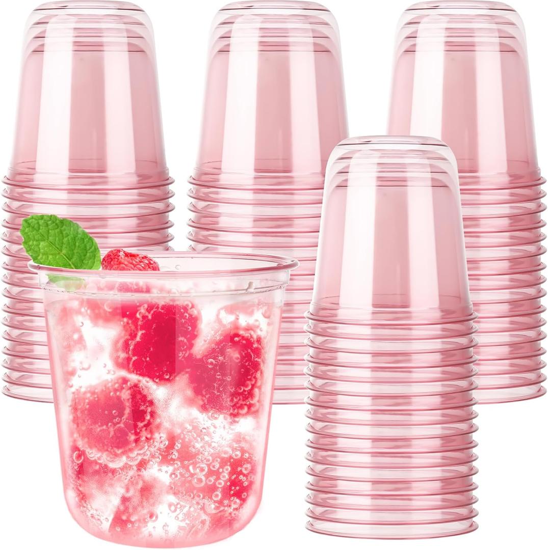 50pcs 12oz Disposable Stemless Glasses,PET Disposable Drinking Cups,Cold Party Clear Plastic Glasses for Parties Birthday,Wedding,Meeting,Christmas Party Supplies. (Pink)