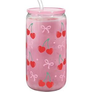 SANDJEST Cherry 16 Oz Can Glass Tumbler with Acrylic Lid and Straw - Iced Coffee Cups for Women, Aesthetic Glass Cup Gift for Birthday Christmas