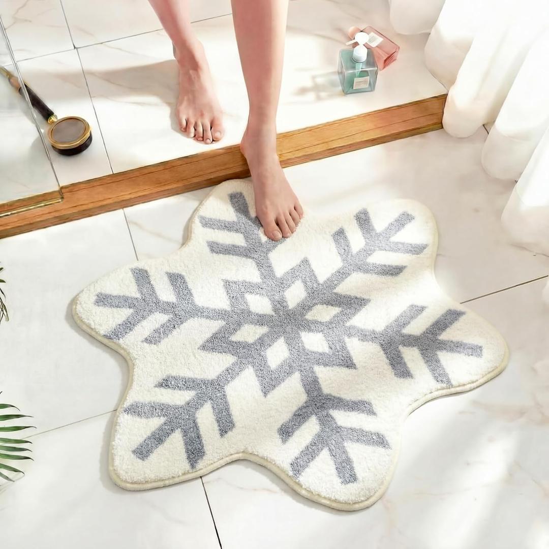 Drydiet Winter Snowflake Bathroom Rug Snowflake Bath Mat Non Slip Washable Rug Welcome Decorative White Gray Doormat for Winter Home Decor Holiday Kitchen Decorations 23.62 Inch