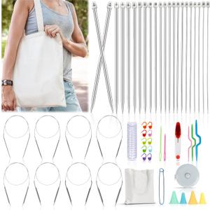 Katech Knitting Needles Set for Beginners, 9 Pairs Circular Knitting Needles Set and 22 Pcs Single Pointed Knitting Needle Set with Tote Bag Knitting Accessories Knit Supplies