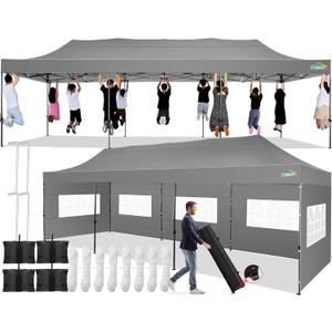 COBIZI 10x30 Pop up Canopy Tent 10x30 Canopy with 8 Sidewalls Waterproof Heavy Duty Commercial Canopy Tent for Parties Outdoor Garden Gazebo, Carry Bag with Wheel(10x30ft, Gray)
