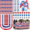 Anglechic 132 Pcs 4th of July Patriotic Float Decorations Metallic Stars & Stripes Fringe Banner with Patriotic Tinsel Garland and Red White Blue Star Balloon Latex Balloon for Independence Day Party