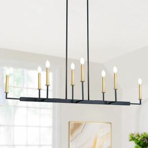 Modern 8-Light Black Gold Chandelier, Large Linear Candle-Style Island Lighting Fixtures with Adjustable Height for Dining Room, Kitchen Island, or Living Room 48.4L
