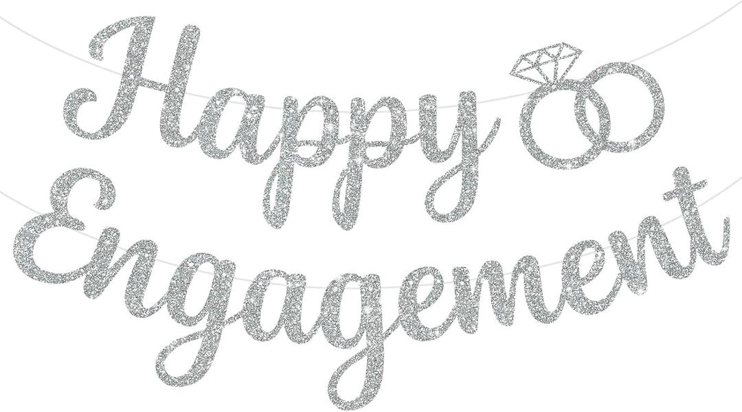 BEISHIDA Glitter Happy Engagement Banner-No DIY, Engagement Party Decorations,Bridal Garland Sign Wedding Party Supplies Silver