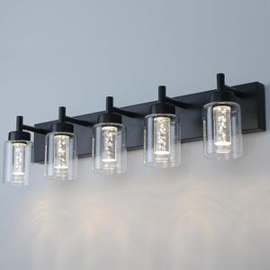 VINLUZ 5-Light LED Bathroom Vanity Light Fixtures, Metal Black Finish Bathroom Lighting Over Mirror Interior Wall Lighting Fixtures with Crystal Bulb Clear Glass Shade(LED Bulbs Included) VINLUZ 5-Light LED Bathroom Vanity Light Fixtures, Metal Black Finish Bathroom Lighting Over Mirror Interior Wall Lighting Fixtures with Crystal Bulb Clear Glass Shade(LED Bulbs Included)