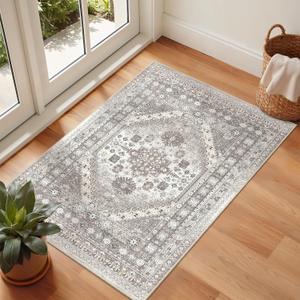 zesthome 2x3 Entryway Rug, Soft Washable Rugs, Non Slip Area Rug, Stain Resistant Low Pile Rugs for Bedroom, Vintage Rug for Door Mat, Kitchen (Brown/Beige,2'x3')