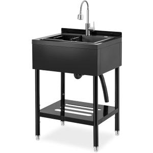 Freestanding Utility Sink, 25.6"20.5"39.4" Stainless Steel Single Bowl Kitchen Sink with Cold and Hot Water Pipe, Storage Shelf and Adjustable Legs, for Laundry Room Bathroom Farmhouse