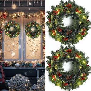 2 Pcs 20 Inch Pre Lit Christmas Wreaths Artificial Christmas Outdoor Wreath Lighted Xmas Front Door Decoration with LED Lights, Pine Cones, Berry Clusters for Holiday Window Decor