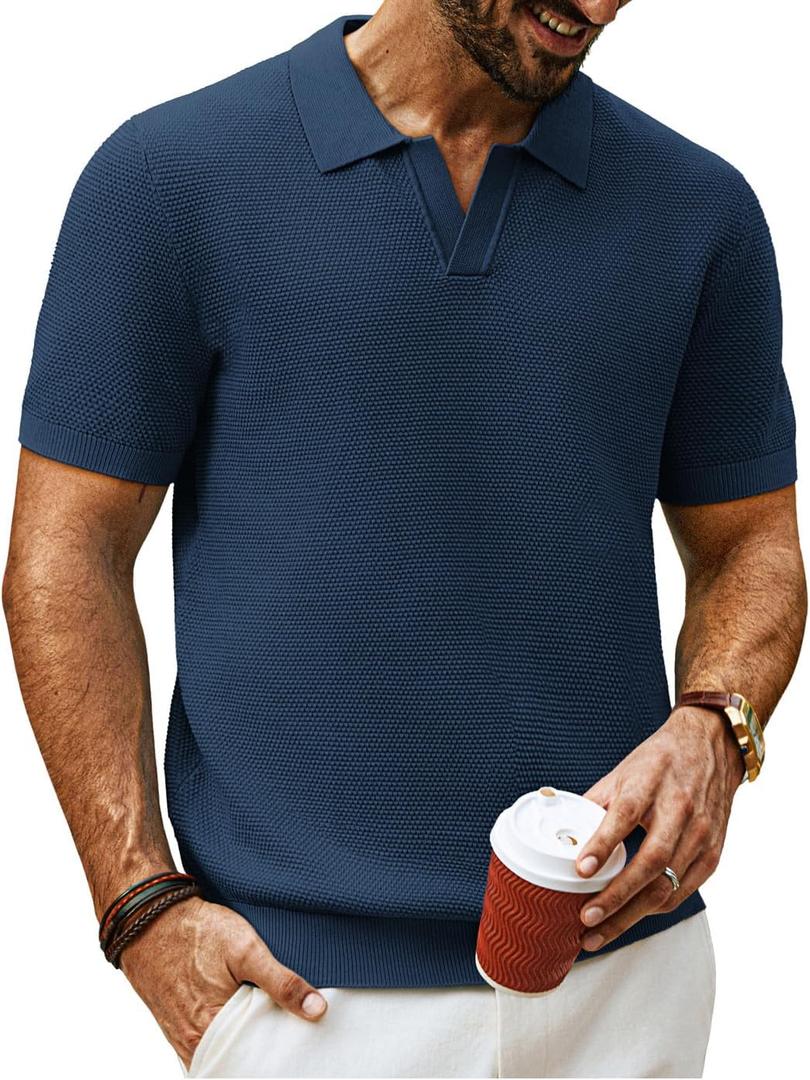 PJ PAUL JONES Mens Polo Shirts Short Sleeve Textured Knit V Neck Shirt Casual Golf Shirts Stylish Old Money Tops, Large