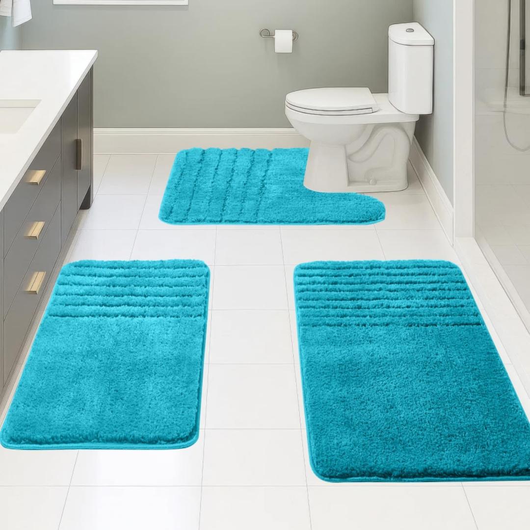 Bath Rugs Set 3 Pieces Bathroom Mat Soft Absorbent Plush Shaggy Soft Floor Non Slip Shower Bath Tub Machine Washable (Teal-Stirp, 20"x32"/20"x20"/17"x24")