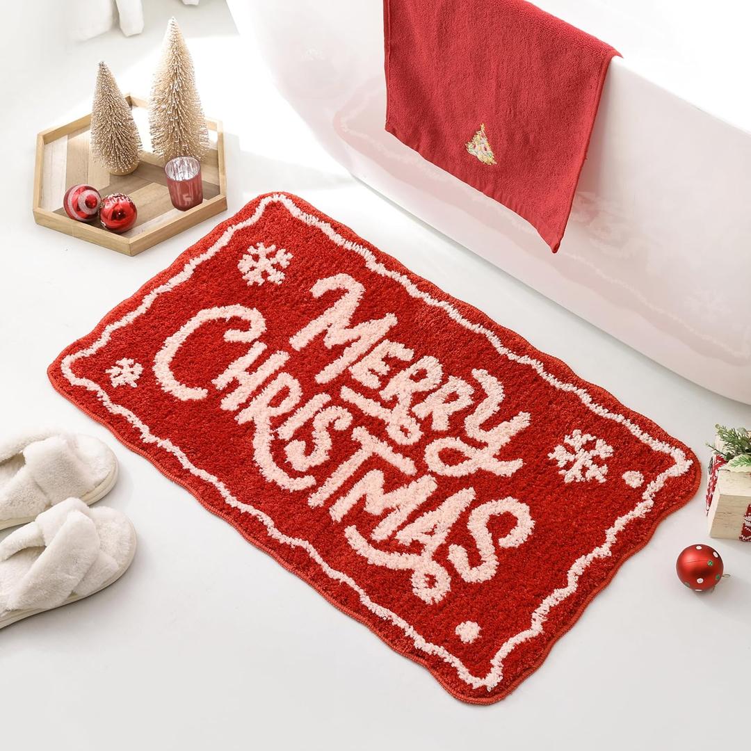 TRUEDAYS Christmas Bathroom Rug - Red Absorbent Non Slip Bath Mat for Bathroom & Tub - Merry Christmas Decor for Holiday, Guest Suites Family Homes (20'' x 31'')
