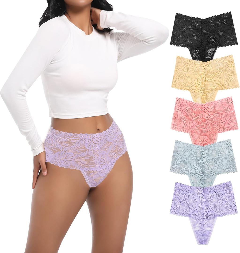 Retro Lace Thongs For Women Plus Size Breathable Seamless Cotton Panties Tummy Control High Waisted Underwear Pack 5 (XX-Large, Leaf Pattern-black+grey+nude+light Purple+pink)