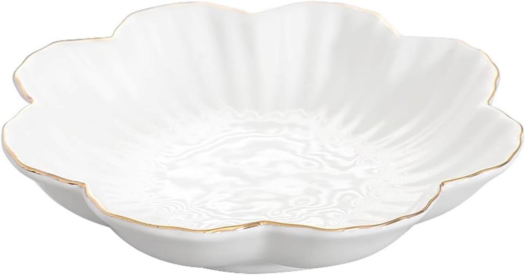 Porcelain Serving Dish,Ceramics Flower Relish Tray with Metallic Rim,Serving Bowls for Wedding,Party Perfect for Small Cereal, Pasta, Salad, Candy and Snacks White 9 inch