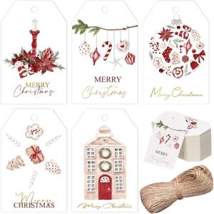 120 Pcs Christmas Gift Tags with 98.4ft Hemp Rope Watercolor Tree Seasonal Wishes Tags Merry Christmas Holiday Hanging Labels Gift for Xmas Party, Merry Party(Vintage Style)