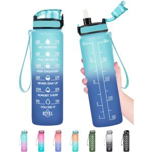 Enerbone Water Bottle, Leakproof BPA & Toxic Free, Motivational Water Bottle with Times to Drink and Straw, Fitness Sports Water Bottle with Strap for Office, Gym, Outdoor Sports (32 Ounces, Green-Blue)