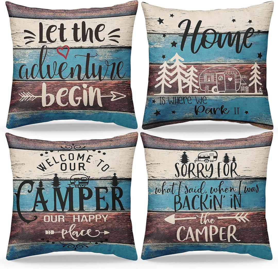 Welcome to Our Camper Set of 4 Decorative Rustic Throw Pillow Covers, 18 x 18 Inch, Let The Adventure Begin Cushion Covers, RV Home Bedroom Room Decor, Camper Gifts